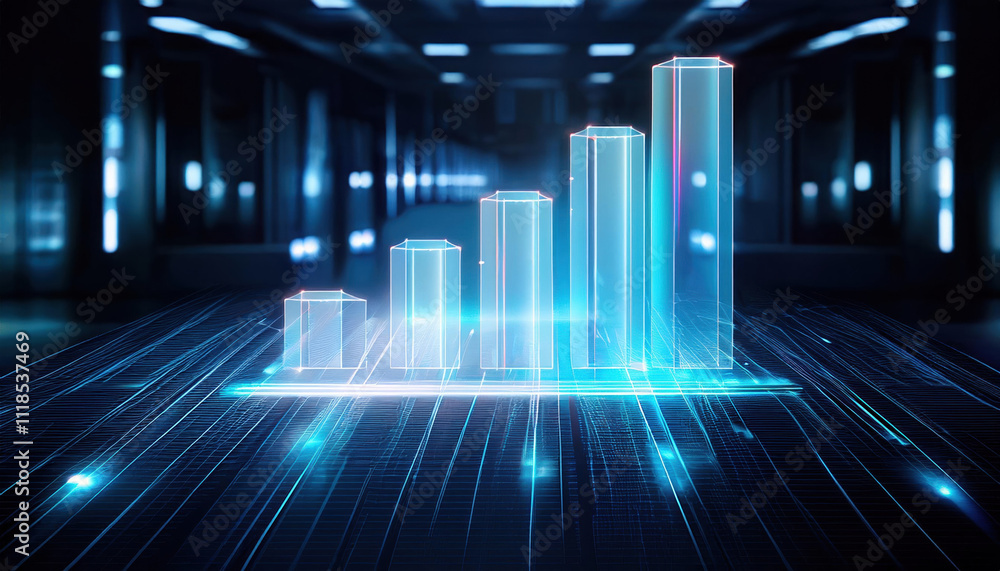 Poster glowing holographic bar graph floating in mid air shows sharp upward growth, symbolizing progress an