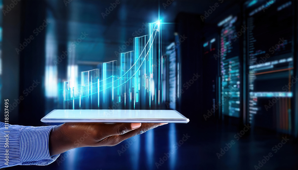 Poster glowing holographic bar graph showing sharp upward growth displayed on tablet, symbolizing data anal