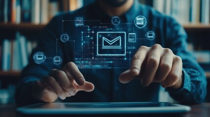 A person interacting with a digital interface showcasing email communication.