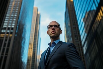Businessman, cityscape backdrop, serious expression, glasses.