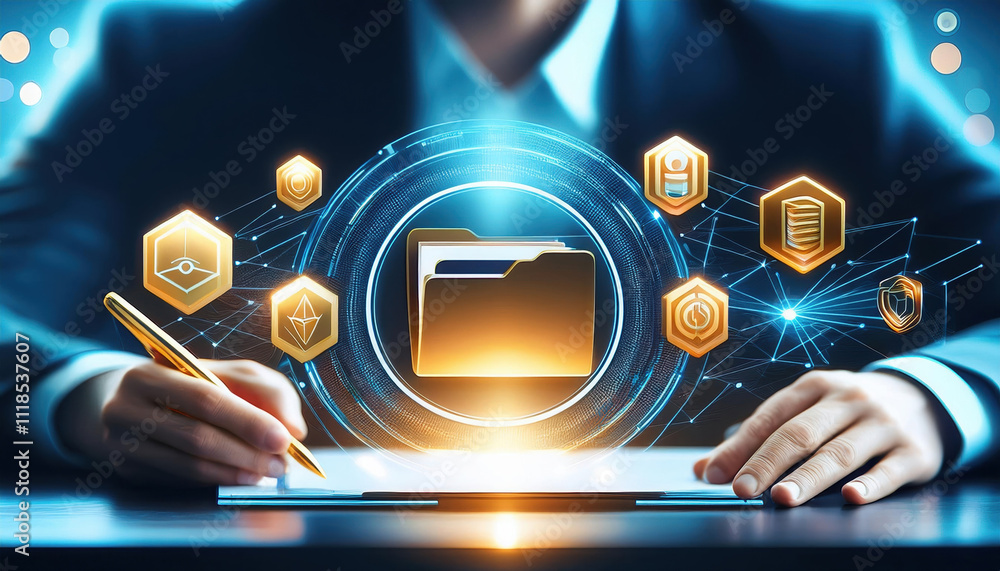 Poster professional signing document with glowing blockchain symbols and smart contracts. scene conveys inn