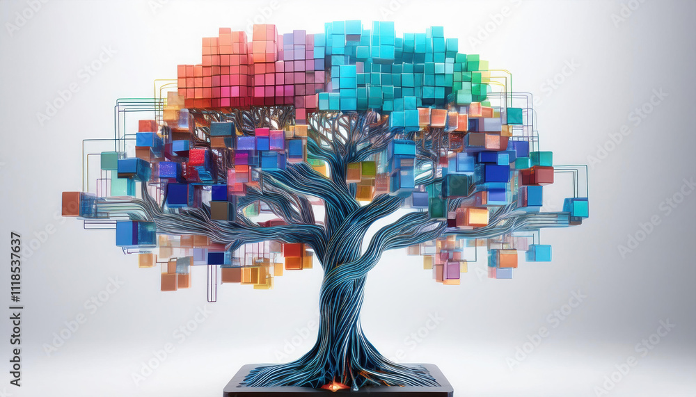 Poster glowing tree made of colorful code blocks symbolizes modular programming and creativity. its intrica