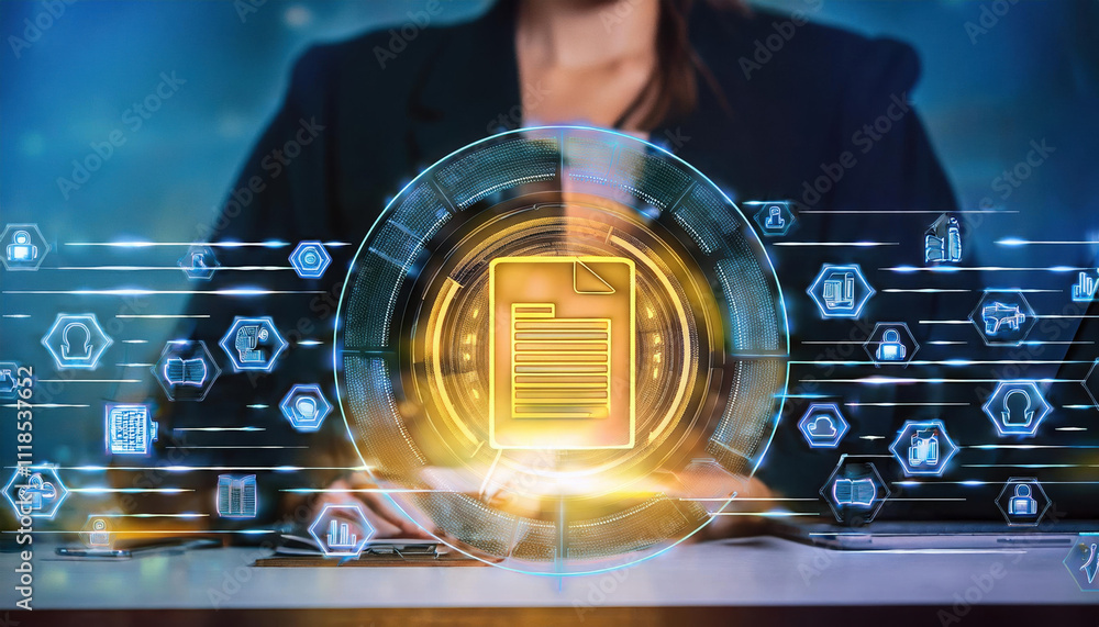 Poster glowing ledger displaying executed smart contracts surrounded by digital icons and blockchain symbol