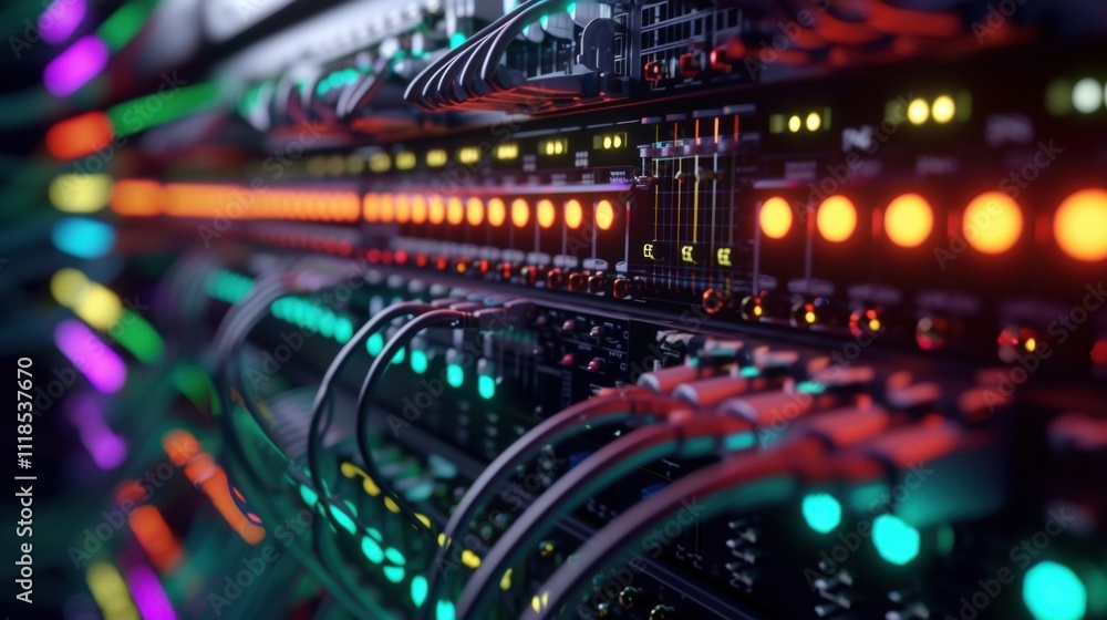 Poster server racks with blinking colorful lights and cables managing innovative production in a modern dat