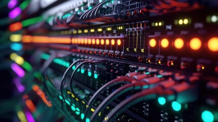Server racks with blinking colorful lights and cables managing innovative production in a modern data center, ensuring high performance and reliability