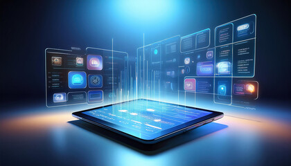 sleek tablet displaying low code app builder interface with drag and drop features, glowing in futuristic setting