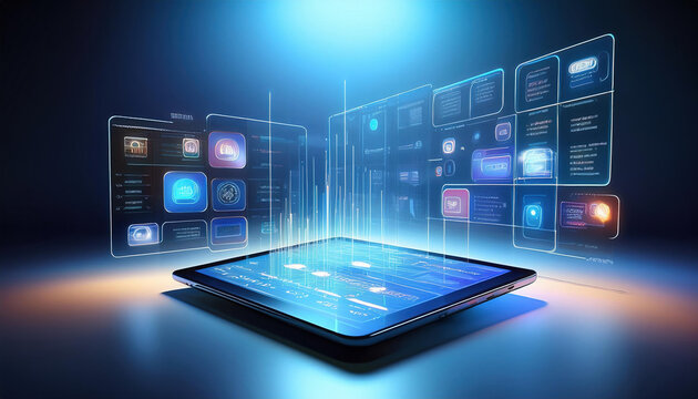 sleek tablet displaying low code app builder interface with drag and drop features, glowing in futuristic setting