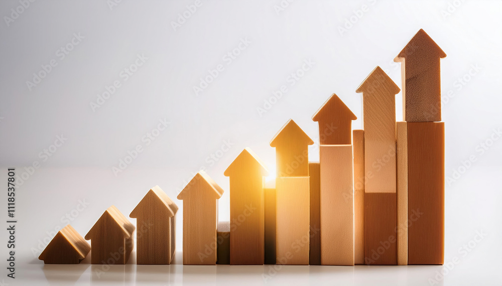 Poster stack of wooden blocks forming upward graph with glowing arrows indicating growth, symbolizing progr