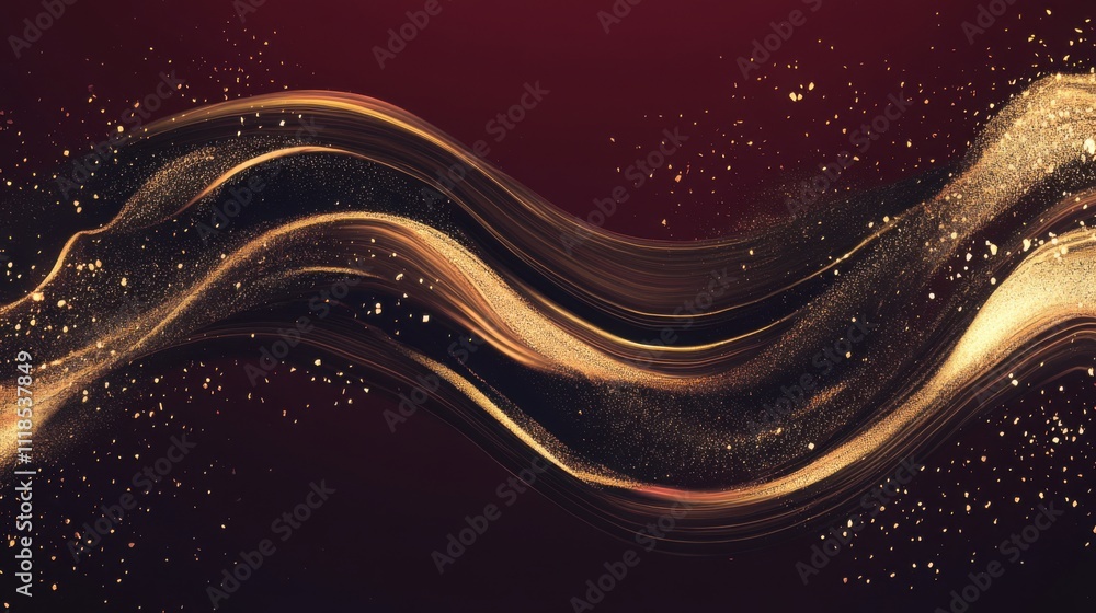 Poster golden streaks weave gracefully in wave patterns across a rich red background, creating an enchantin