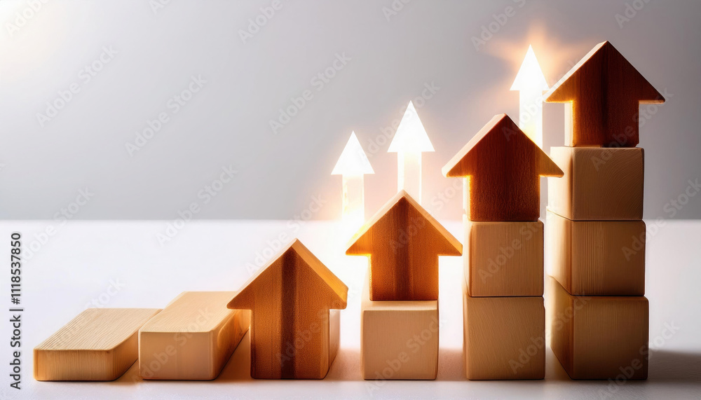 Poster stack of wooden blocks forming upward graph with glowing arrows indicating growth, symbolizing progr