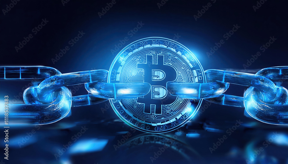 Poster glowing digital token linked by smart contract, visualized as chain of holographic links, represents