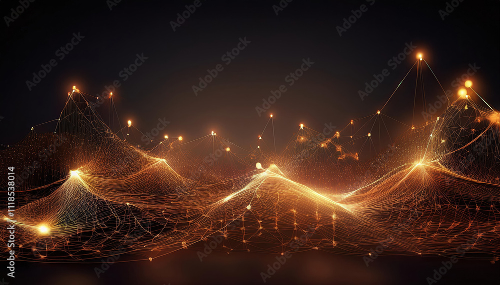 Poster abstract network of glowing bronze lines and dots forming digital mesh structure on dark background,