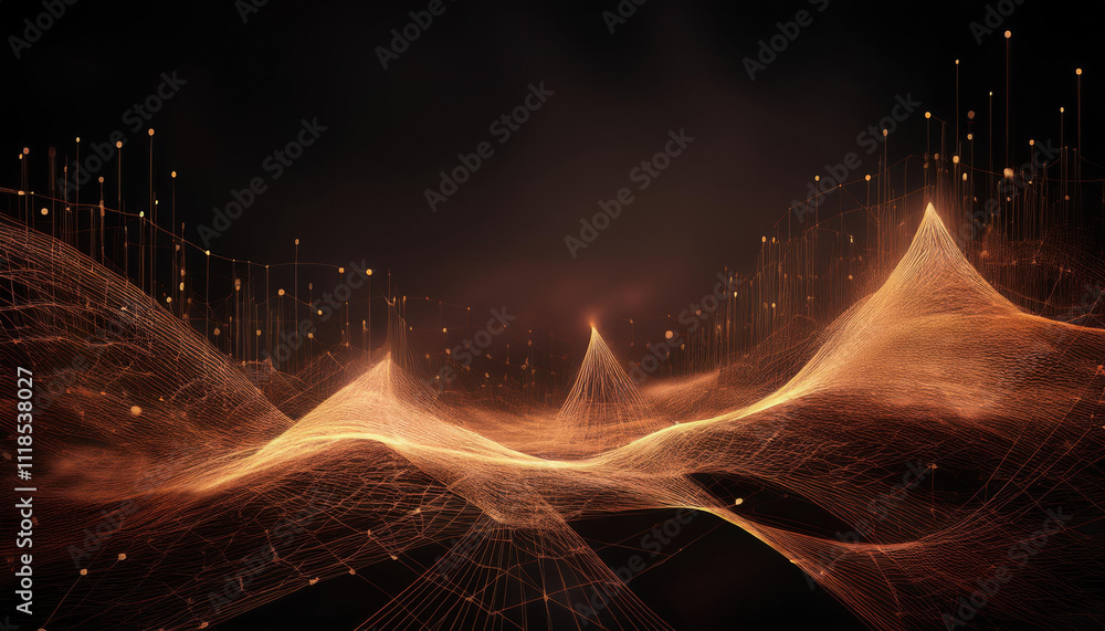 Poster glowing bronze lines and dots create digital mesh structure, forming abstract network on dark backgr
