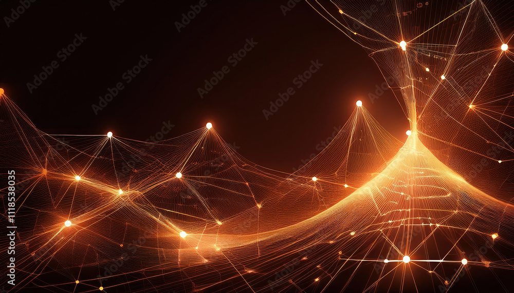 Poster abstract network of glowing bronze lines and dots creating digital mesh structure on dark background