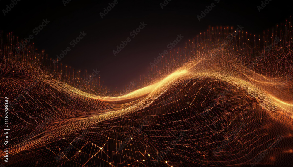 Poster abstract network of glowing bronze lines and dots creating digital mesh structure on dark background