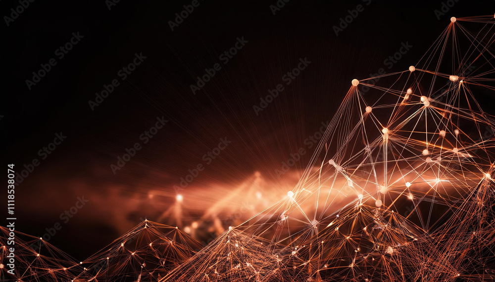 Poster abstract network of glowing copper lines and dots creating digital mesh structure on dark background