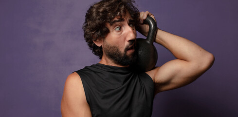 young bearded crazy fitness man sport concept