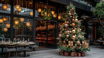 The enchanting beauty of Christmas-lit evenings is enhanced by a festive tree outside a restaurant with snow descending and the ground covered in snow and space, Generative AI.