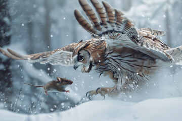 Obraz premium An owl swooping down on a mouse in a snowy forest, capturing a dramatic wildlife moment in nature.