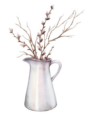 Watercolor illustration bouquet of willow branches and tree branch without leaves in in a light colored jug for milk. Hand drawn brown dry straight twig Isolated on white background for spring easter