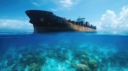 Fototapeta premium Sunken container ship partially visible under clear blue waters, showcasing hidden stories of global trade