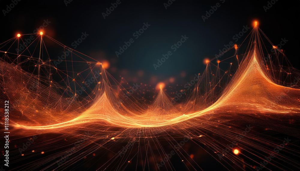 Poster glowing orange lines and dots create digital mesh structure, forming abstract network on dark backgr