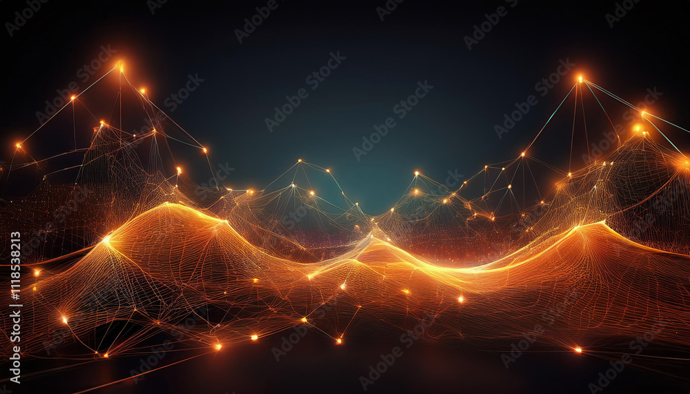 Poster glowing orange lines and dots create digital mesh structure, forming abstract network on dark backgr