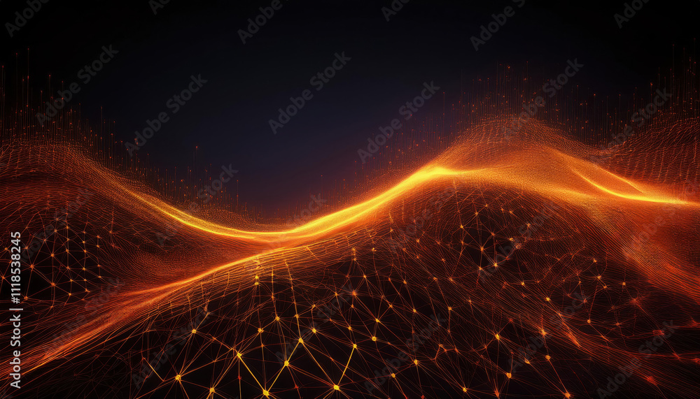 Poster glowing orange lines and dots create digital mesh structure, forming abstract network on dark backgr