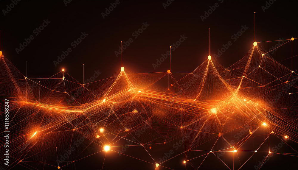 Poster glowing orange lines and dots create digital mesh structure on dark background, evoking sense of ene