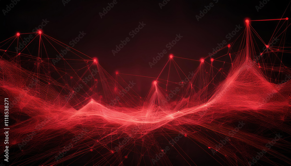 Poster abstract network of glowing red lines and dots creating digital mesh structure on dark background, e