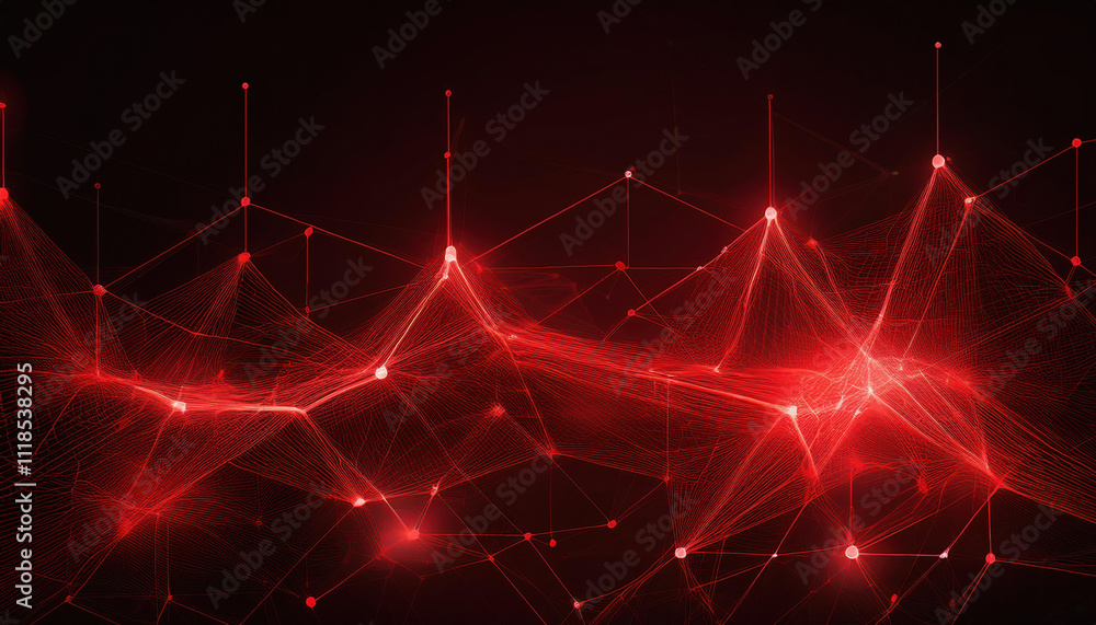 Poster abstract network of glowing red lines and dots creating digital mesh structure on dark background, e