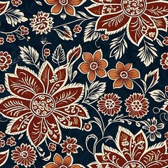 Floral Tapestry: A mesmerizing seamless pattern of intricate flowers and foliage in rich burgundy, terracotta, and cream hues against a deep navy background.