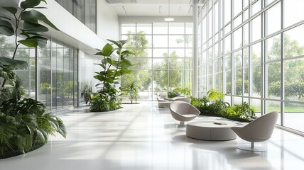 A modern, spacious interior featuring large windows, minimalist seating, and lush greenery, creating a bright and inviting atmosphere.