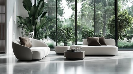 A modern, minimalist living room featuring sleek sofas, a round coffee table, and large windows with views of greenery.