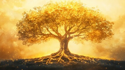 A majestic golden tree stands against a glowing background, symbolizing strength, nature, and vitality.
