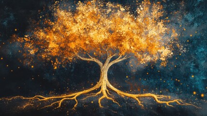 A vibrant, artistic depiction of a golden tree with luminous leaves, set against a dark, cosmic background, symbolizing life and growth.
