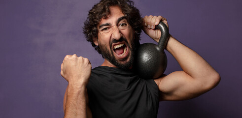 young bearded crazy fitness man sport concept