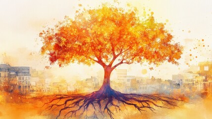 A vibrant, artistic depiction of a tree with fiery orange leaves, symbolizing growth and transformation against a soft urban background.