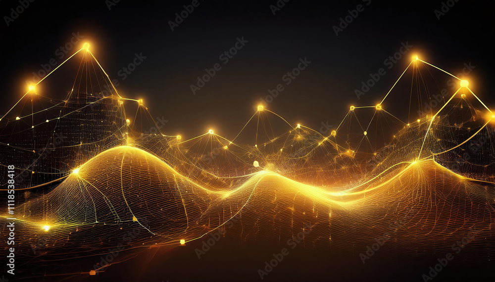 Poster glowing yellow lines and dots create digital mesh structure, forming abstract network on dark backgr