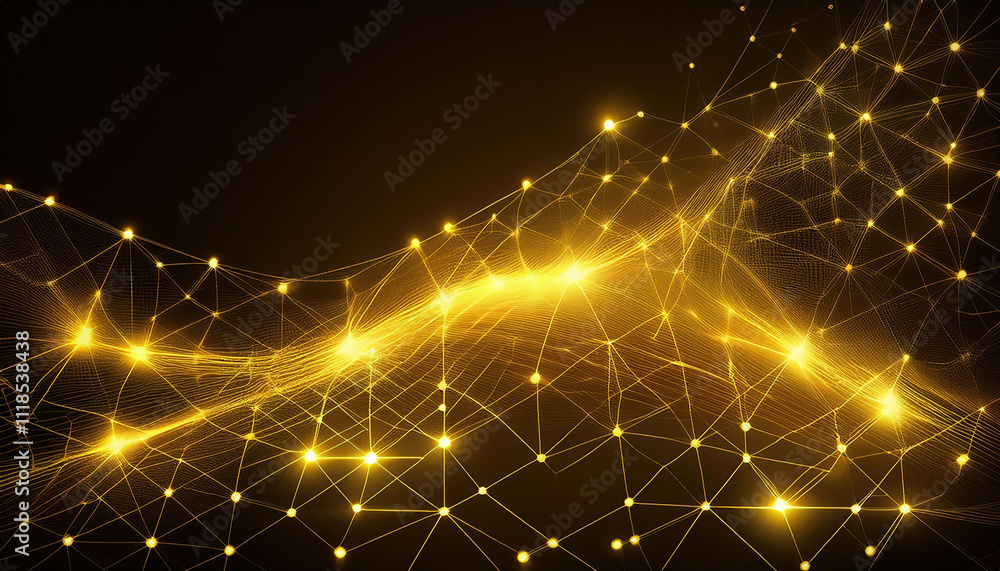 Poster glowing yellow lines and dots create digital mesh structure on dark background, evoking sense of con