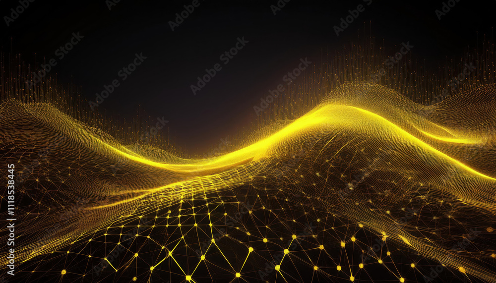 Poster glowing yellow lines and dots create digital mesh structure, forming abstract network on dark backgr