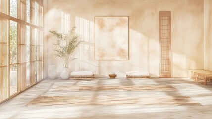 A serene, sunlit interior features minimalist decor, natural elements, and a calming atmosphere ideal for relaxation and creativity.