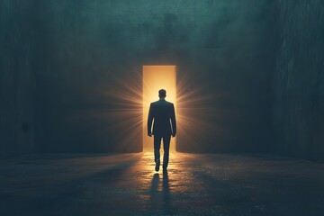 Obraz premium A Silhouette of a Man Walking Towards a Bright Doorway, Symbolizing Hope, New Beginnings, and Opportunities in a Dark and Mysterious Environment