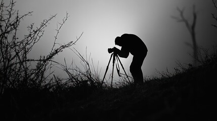 A silhouette of a photographer adjusting their camera on a tripod against a bright background.
