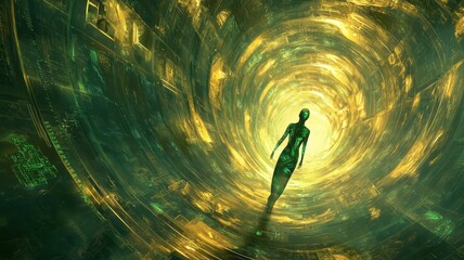 A lone figure walks through a swirling green and golden vortex, symbolizing a journey into the unknown or a shift in consciousness.