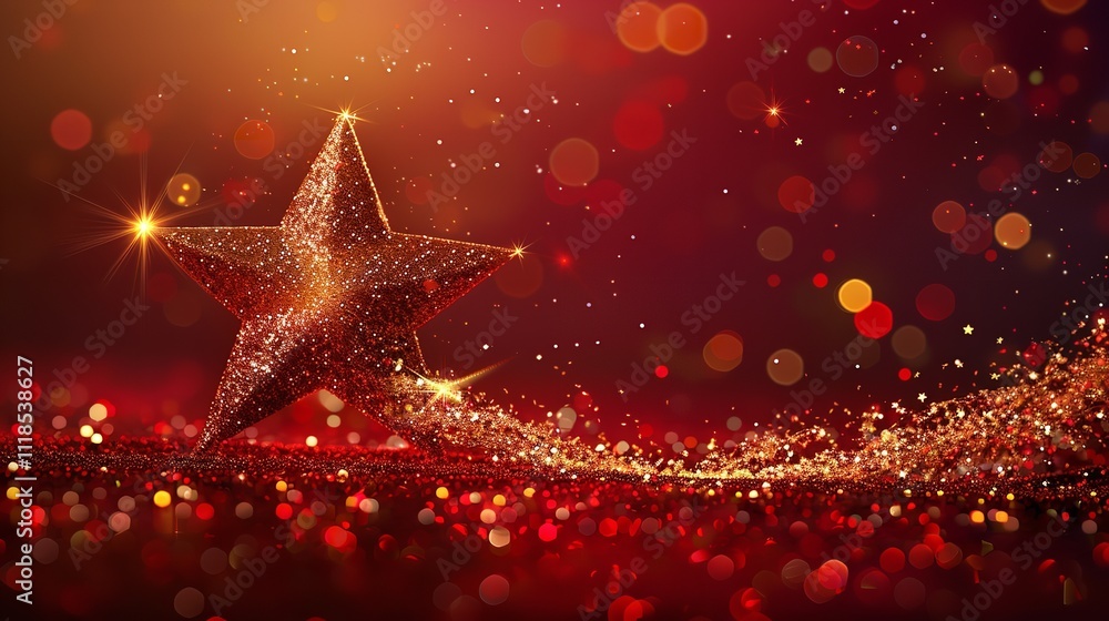 Poster over a crimson setting, a lone star appears with a vector light effect of dazzling golden sparkles a