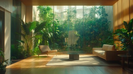 A serene indoor space filled with lush greenery, featuring modern furniture and large windows that invite natural light.