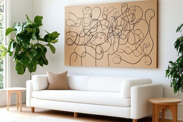 A white couch is in a living room with a large painting on the wall. The painting is abstract and has a lot of lines. The room also has a potted plant and a small table