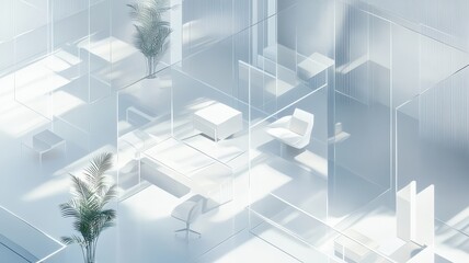 A serene, modern interior design featuring transparent elements, minimalist furniture, and natural light for a calming atmosphere.