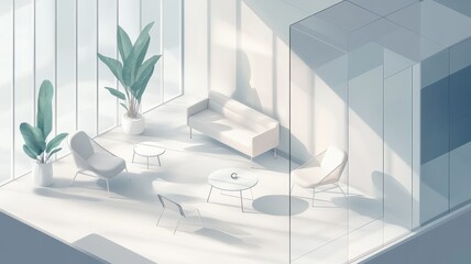 A serene, minimalist interior featuring light colors, plants, and modern furniture, creating a tranquil atmosphere.